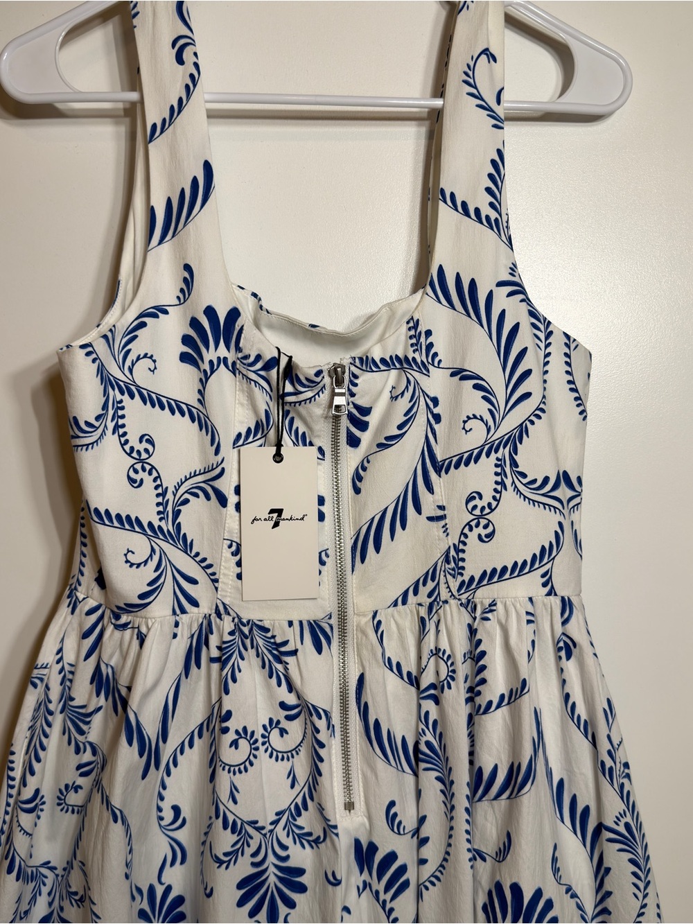 7 For All Mankind White/Blue Floral Square Neck A-Line Midi Zip Dress 10 NWT - Picture 8 of 14